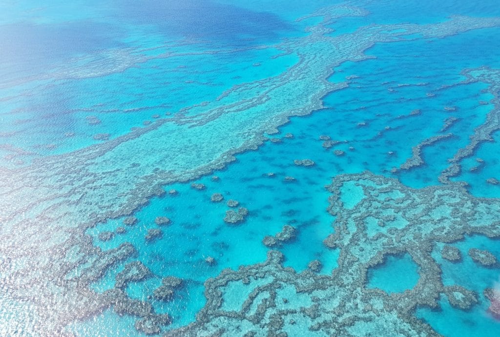 vue aérienne de la grande barrière de corail lors d'une excursion réservée avec l'agence française We are travellers basée en Australie