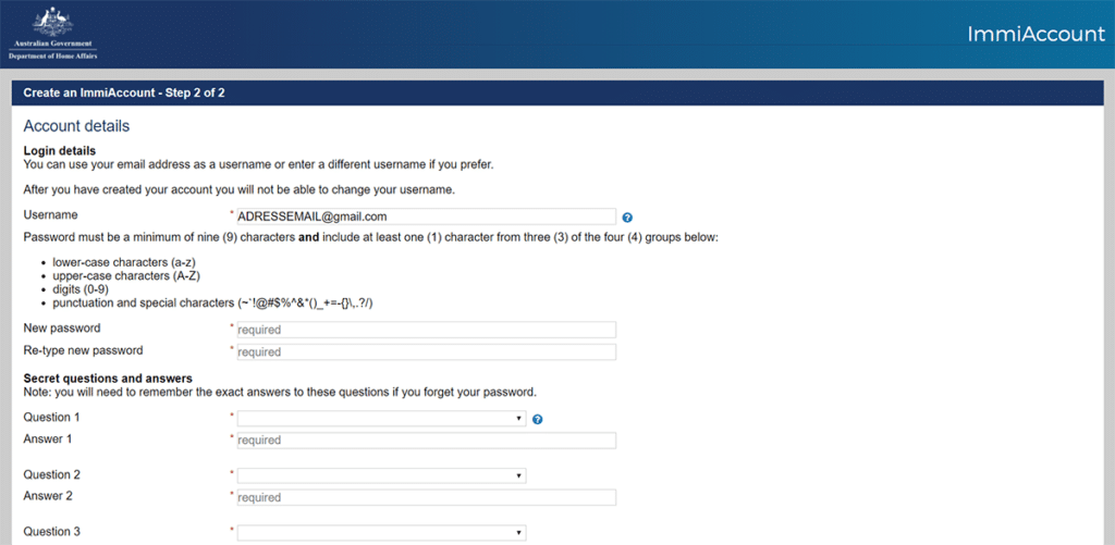 tutoriel whv australie tuto demande whv étape 7 créer un immiaccount sécuriser votre compte et s'inscrire