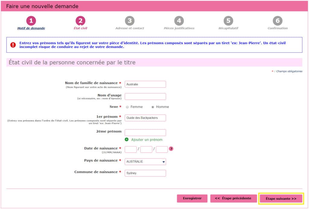 tutoriel étape 2 état civil