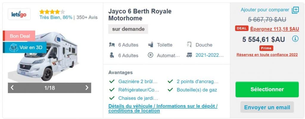 Motorhome rental price for 2 weeks in Australia during High Season