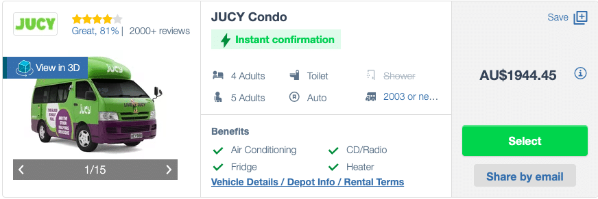 Campervan Jucy with price and options for a rental in low season in Australia