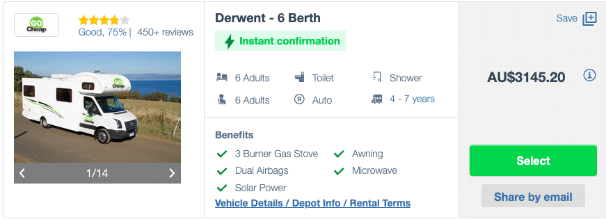 motorhome rental price for a rental in Australia during the low season