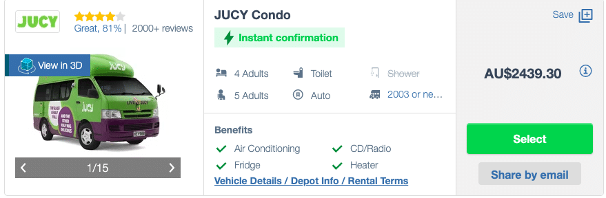 Campervan rental with Jucy, model Condo for a rental of 2 weeks mid season in Australia