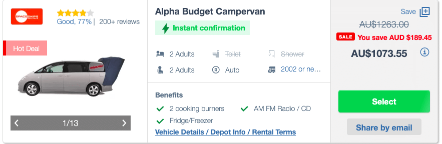 Campervan rental from Spaceships for mid season rental in Australia for 2 weeks